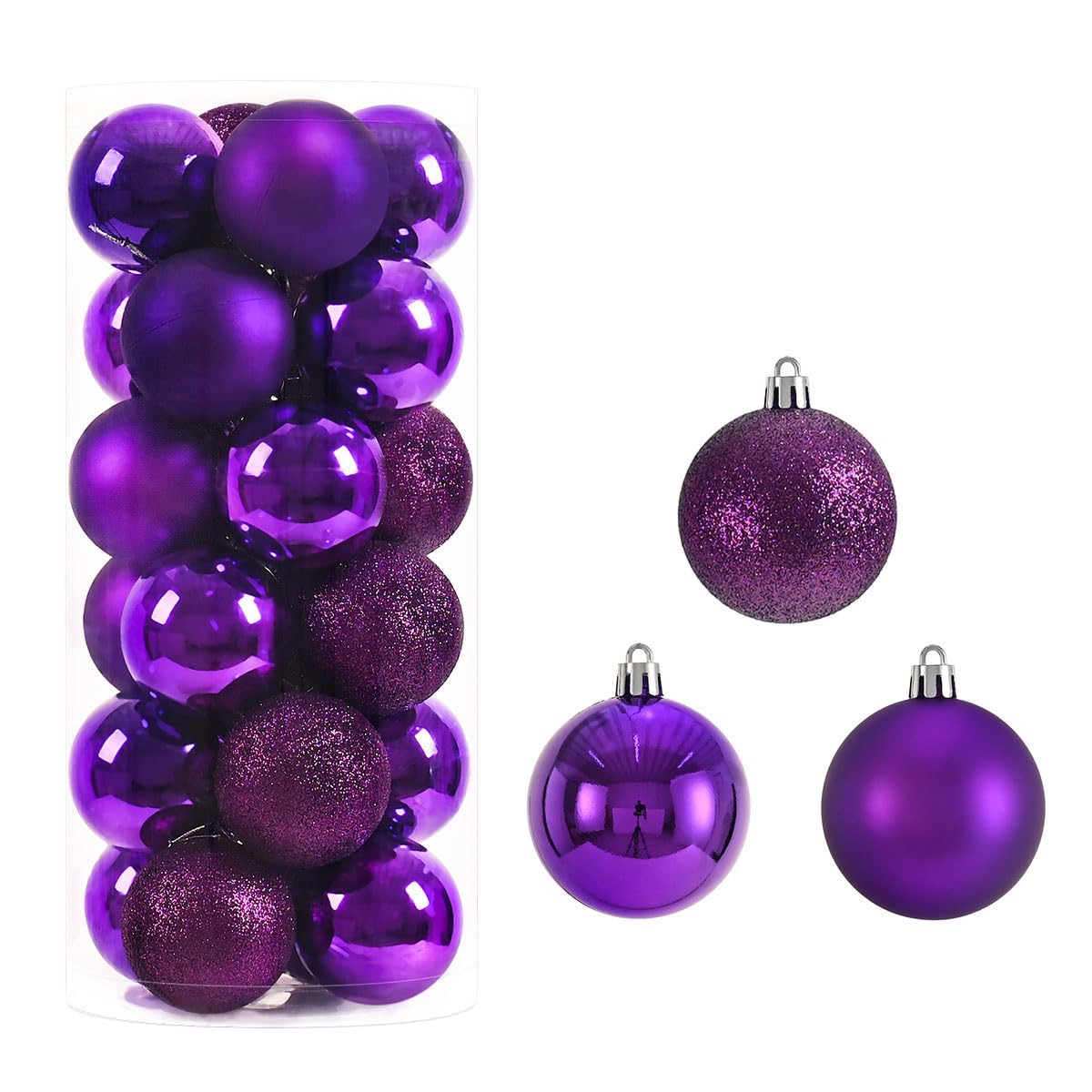 24Pcs Christmas Ball Ornaments for Xmas Tree Hanging Decoration Wedding Party Holiday Shatterproof with String (Purple, 8CM)