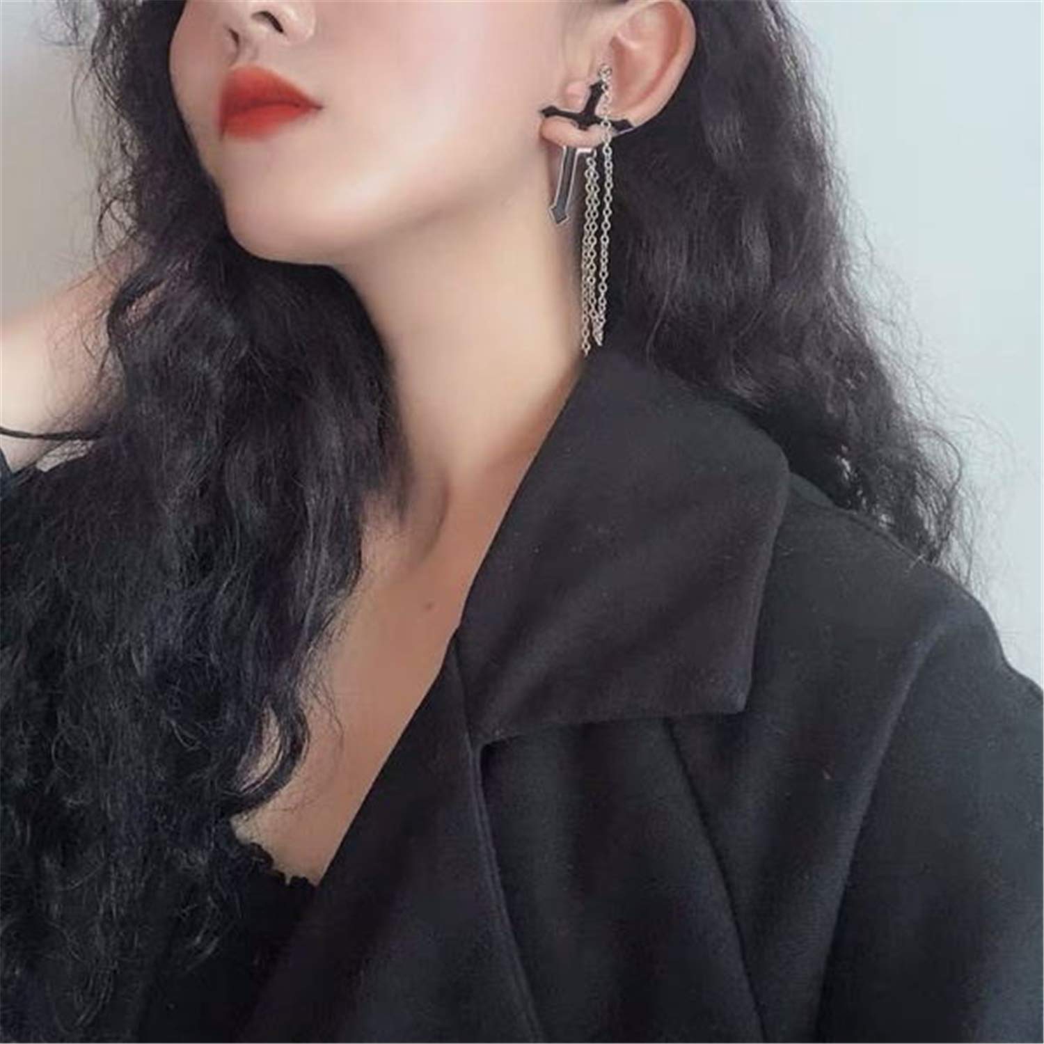 Aretes colgantes de cadena de cruz punk negra personalizados, aretes de gota de punción para mujeres y hombres, regalos de joyería, Esmalte, N/P 7