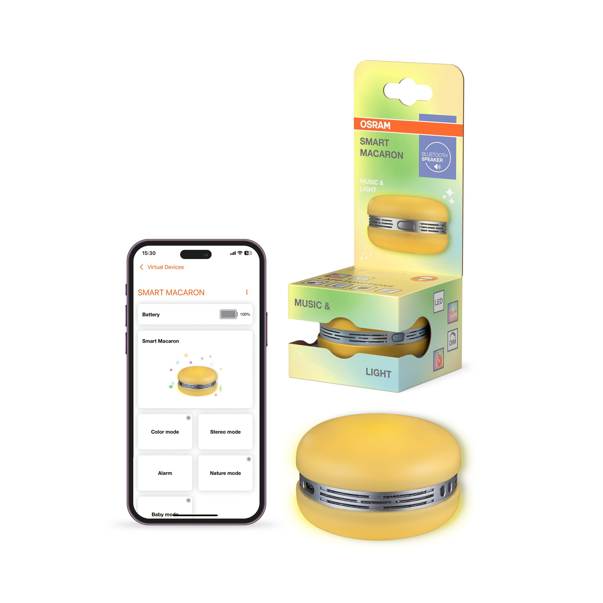 OSRAM Smart Macaron, altoparlante Bluetooth con luce colorata rotante, sincronizzazione musicale e timer tramite app – 3 modalità, pairing stereo