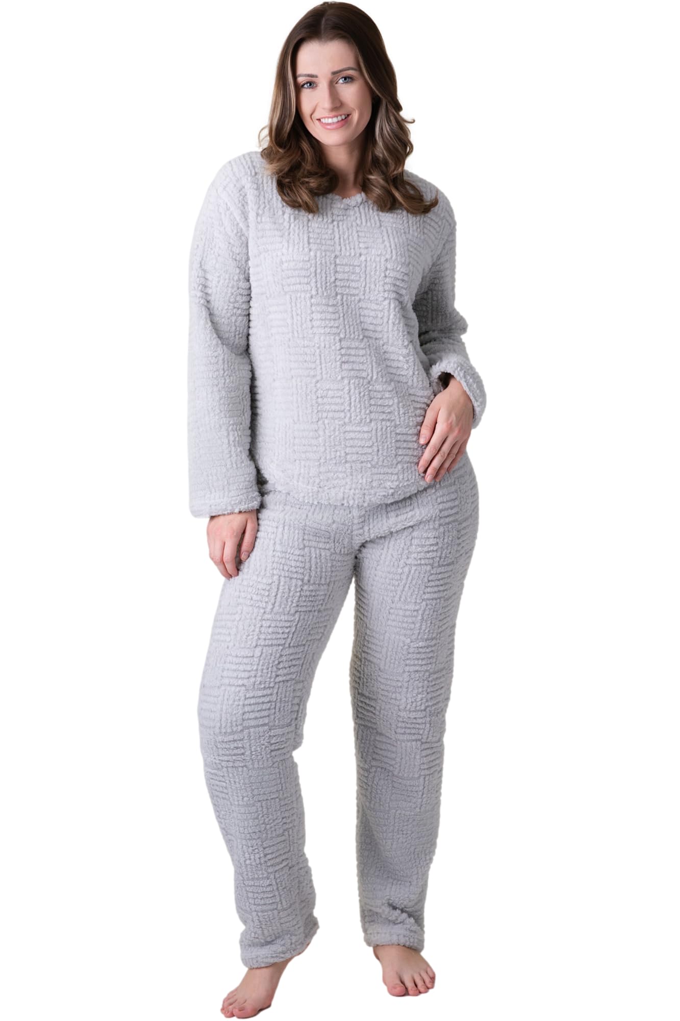 Camille Women's Grey Pyjamas - Jacquard Sherpa Fleece | Cosy Lounge Wear Set | Long Sleeves, Crew Neck & Elastic Waist | Warm & Snug 2-Piece Pj Top & Bottoms | Comfy Luxury | 22-24