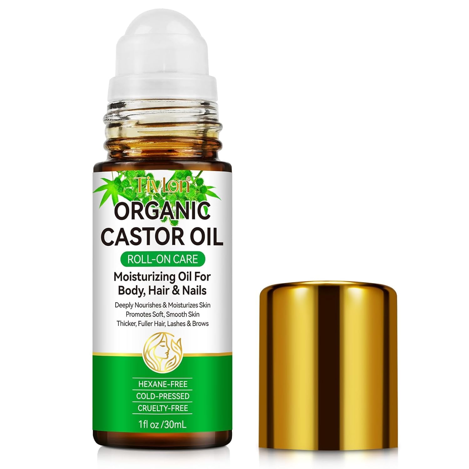 Acorn + Oak Organic Castor Oil for Hair Growth, Eyelashes & Eyebrows,100% Pure Cold Pressed Hexane Free Castor Oil, Roller Glass Bottle for Lash, Brow & Scalp Care,1 fl oz