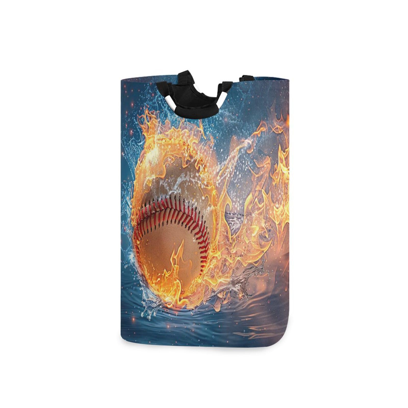 Jihqo Laundry Hamper Basket Fire Baseball Collapsible Nursery Storage Bin Waterproof Clothing Baskets for Home Bedroom Bathroom Washing Room