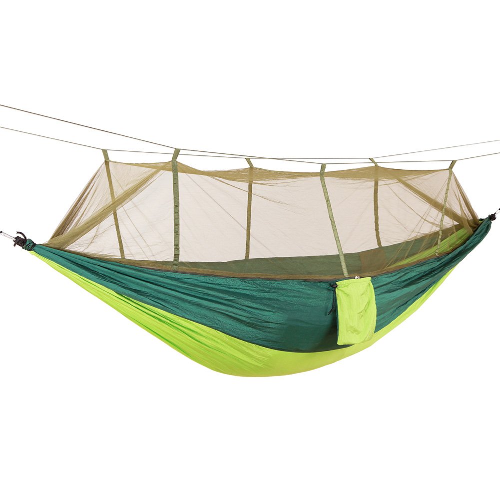 ele ELEOPTION Hamak kempingowy z moskitierą i muchą przeciwdeszczową, nośność 200 kg, 260 x 140 cm, nylonowy, podwójny, wodoodporny, lekki, przenośny, do wędrówek z plecakiem, wędrówek, wędkowania, na