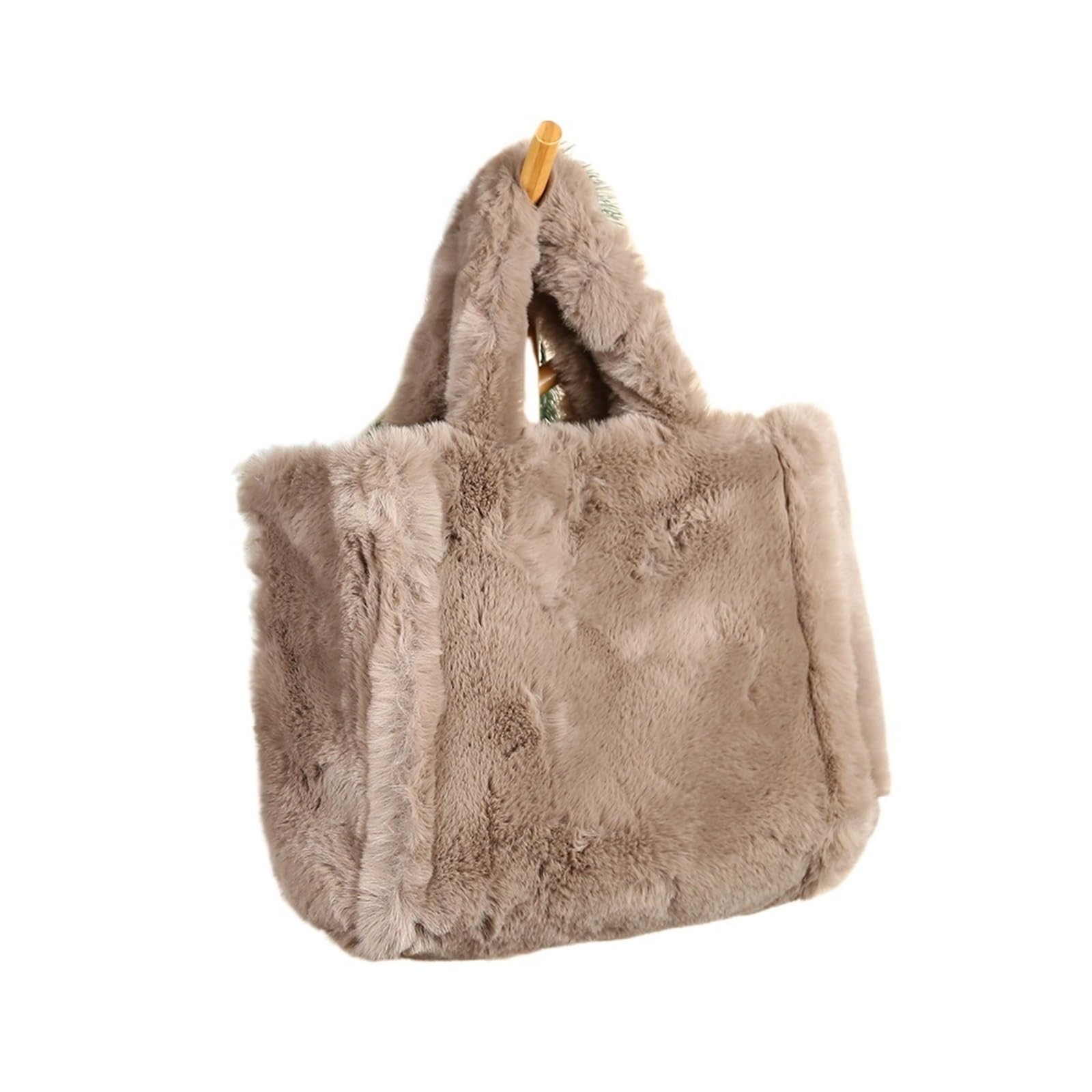 Mtksfdc Women's Khaki Fluffy Bag Plush Tote Bag For Autumn Winter Furry Handbags Solid Color Chic Fuzzy Shopping Soft Fashion Shoulder Bag(,L)