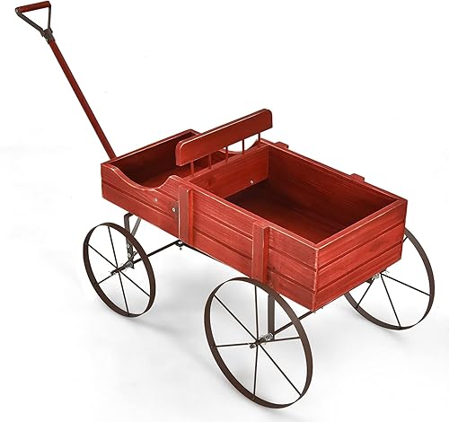Miniatura 9 de Giantex Maceta decorativa para jardín, carrito pequeño con ruedas de metal, camas elevadas de madera, soporte para macetas para patio trasero,