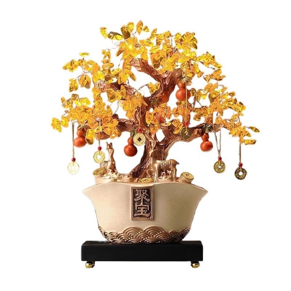 Home Decor Crystal Tree with Gold Ingot, Home Wealth Prosperity Table Decoration, Feng Shui Reiki Balancing Ornament Bonsai(Beige)