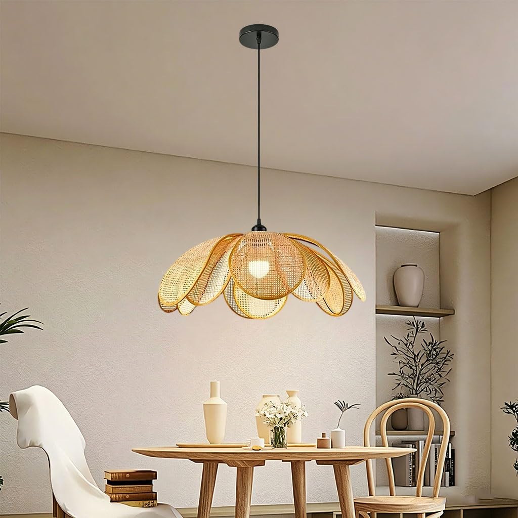 Lampa Wisząca W Kształcie Kwiatu Z Rattanu Żyrandol Z Tkanego Płatka W Stylu Boho Naturalna Lampa Wisząca Z Wikliny Lampa Sufitowa O Organicznym Kształcie W Stylu Wabi Sabi Do Salonu(80cm)