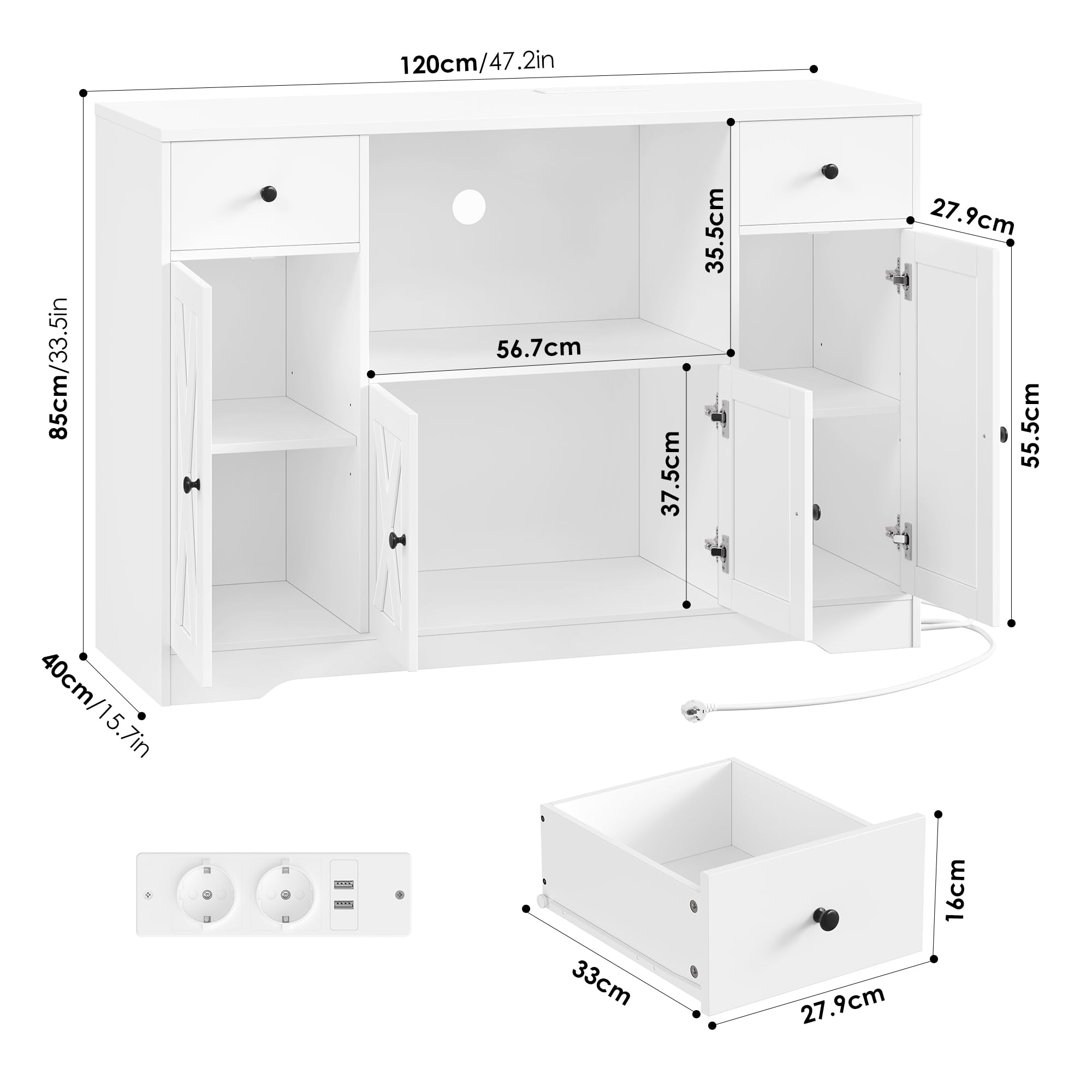HOCSOK 120 cm Sideboard Küche, Küchenschrank mit Steckdose und Mikrowellenregal, Vorratsschrank Buffetschrank mit Verstellbare Ablagen für Küche, Esszimmer, Wohnzimmer, 120×85×40 cm