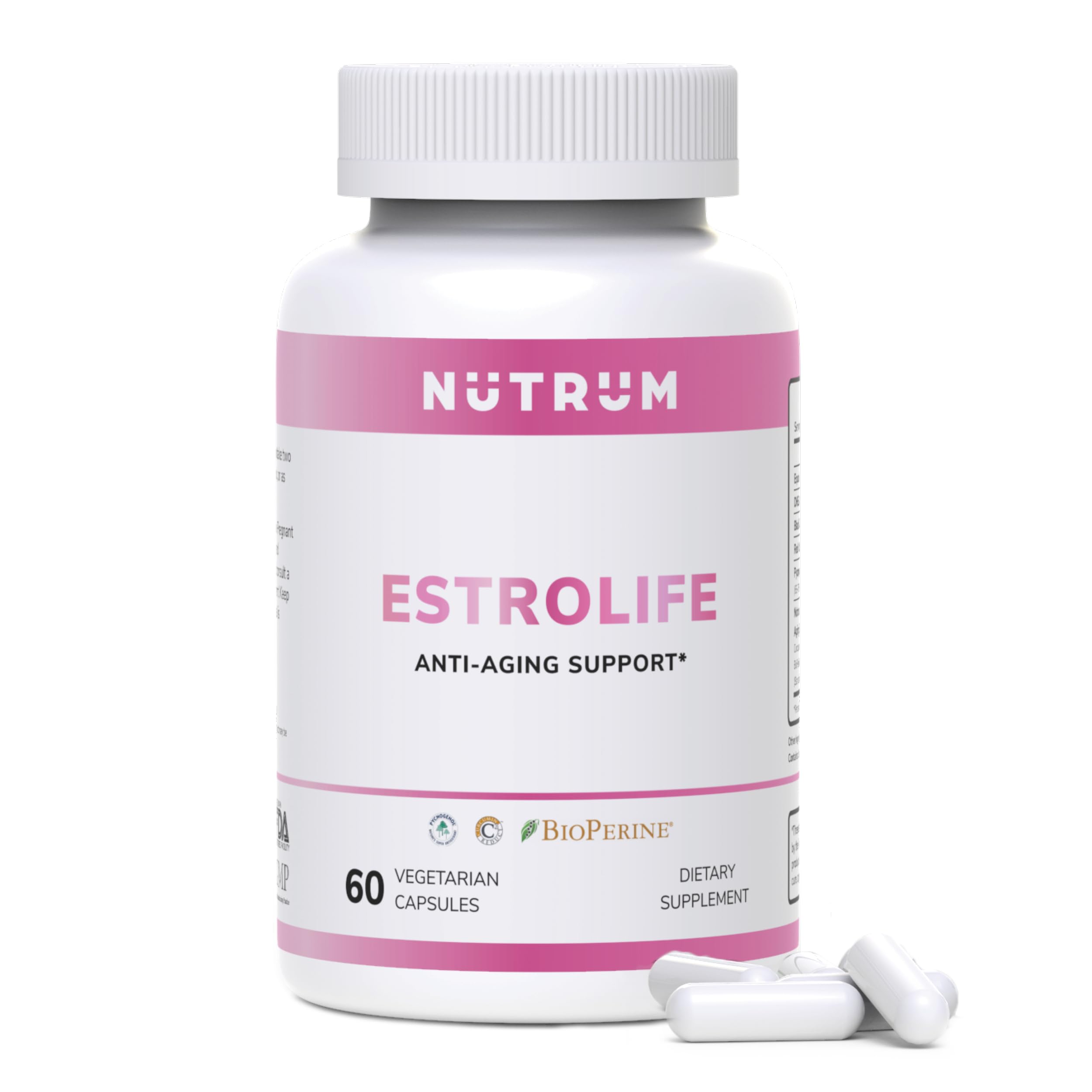 Estrolife Anti-Aging Support for Women by Nutrum, Vegan Supplement for Long Lasting Female Hormonal Balance, Ovarian Function, Skin Hydration, Elasticity and Firmness, Menopause Relief, 60 Capsules