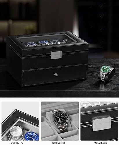 Miniatura 4 de BEWISHOME Organizador de caja de reloj para 20 hombres caja de almacenamiento de exhibición de metal con bisagra de metal negra de piel sintética