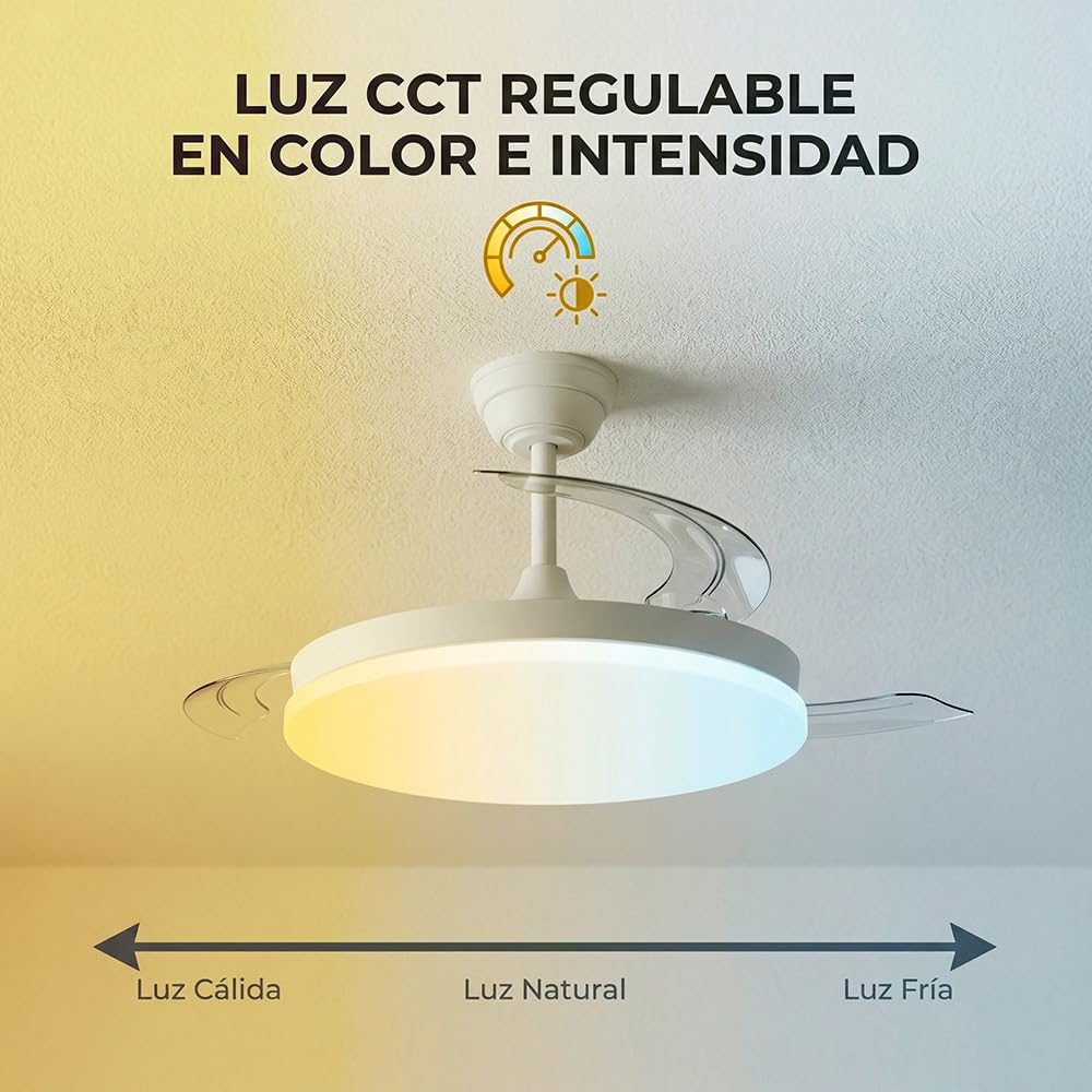 Greenice Marele Ventilador de Techo Ø106cm | Motor DC 29W | 3 Aspas | Luz LED 48W 5040lm, 3500-6500K | 6 Velocidades | Mando a Distancia | Función Verano/Invierno | Blanco