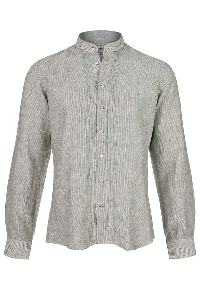 Almsach Herren Trachten Leinenhemd Stehbund Slim Oliv, Oliv, S