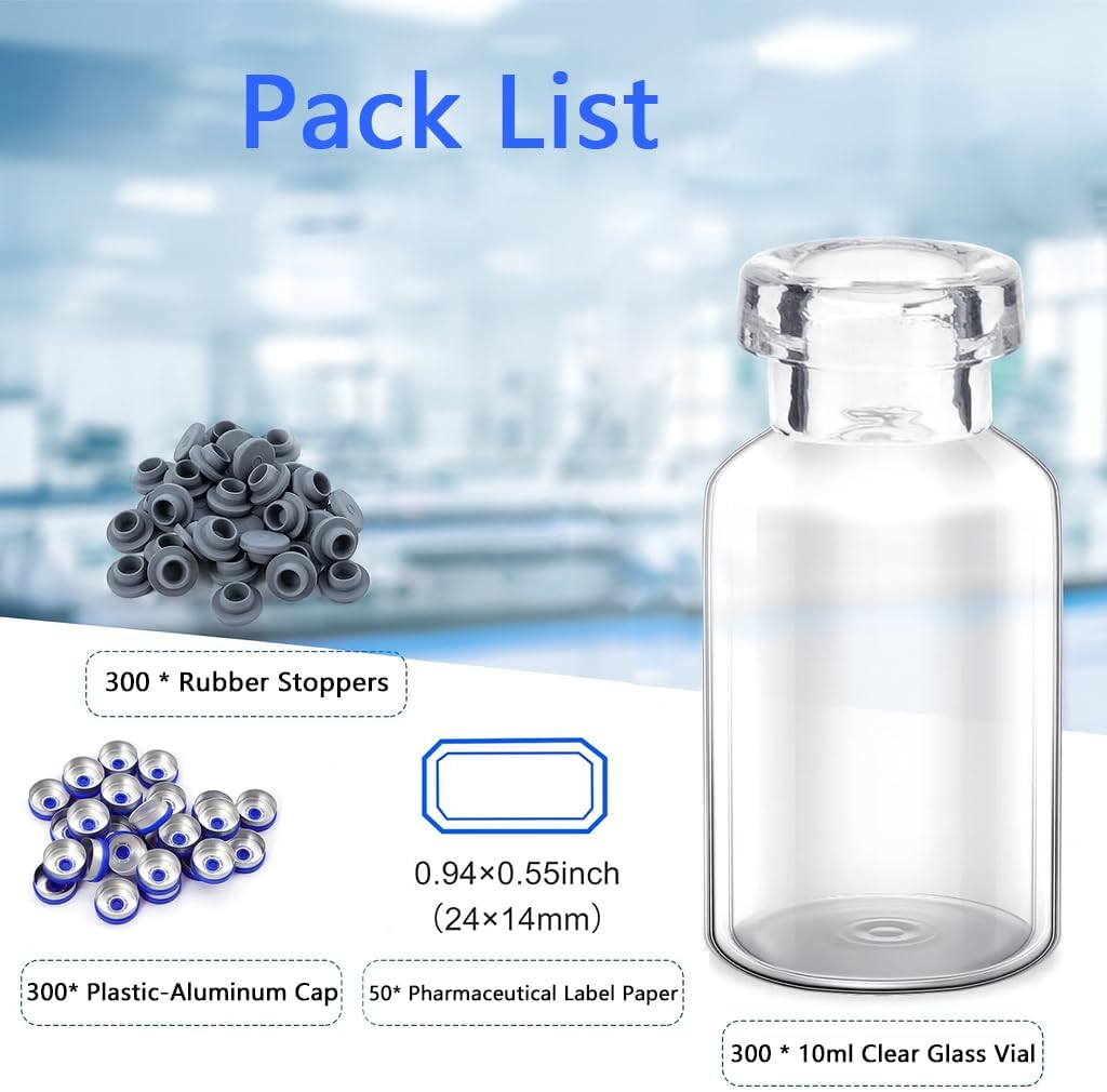 300 Pack 10ml Clear Glass Vials,With Screw Cap Reagent Media Bottle,with Labels Leak-Proof Sample Rubber Stoppers Glass Vials for Lab Laboratory