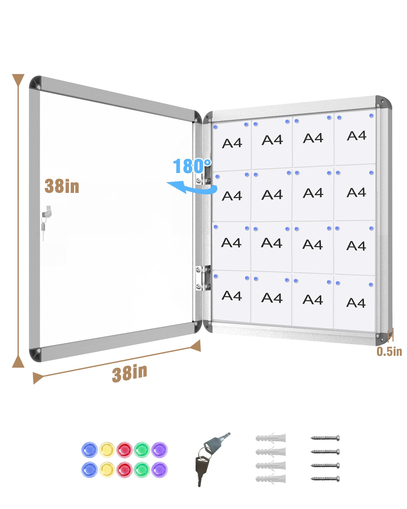 Mifuro Tablón de anuncios cerrado de 38 x 38 pulgadas, tablero de anuncios de aluminio resistente a la intemperie con cerradura para la escuela y la oficina, marco plateado con pizarra blanca