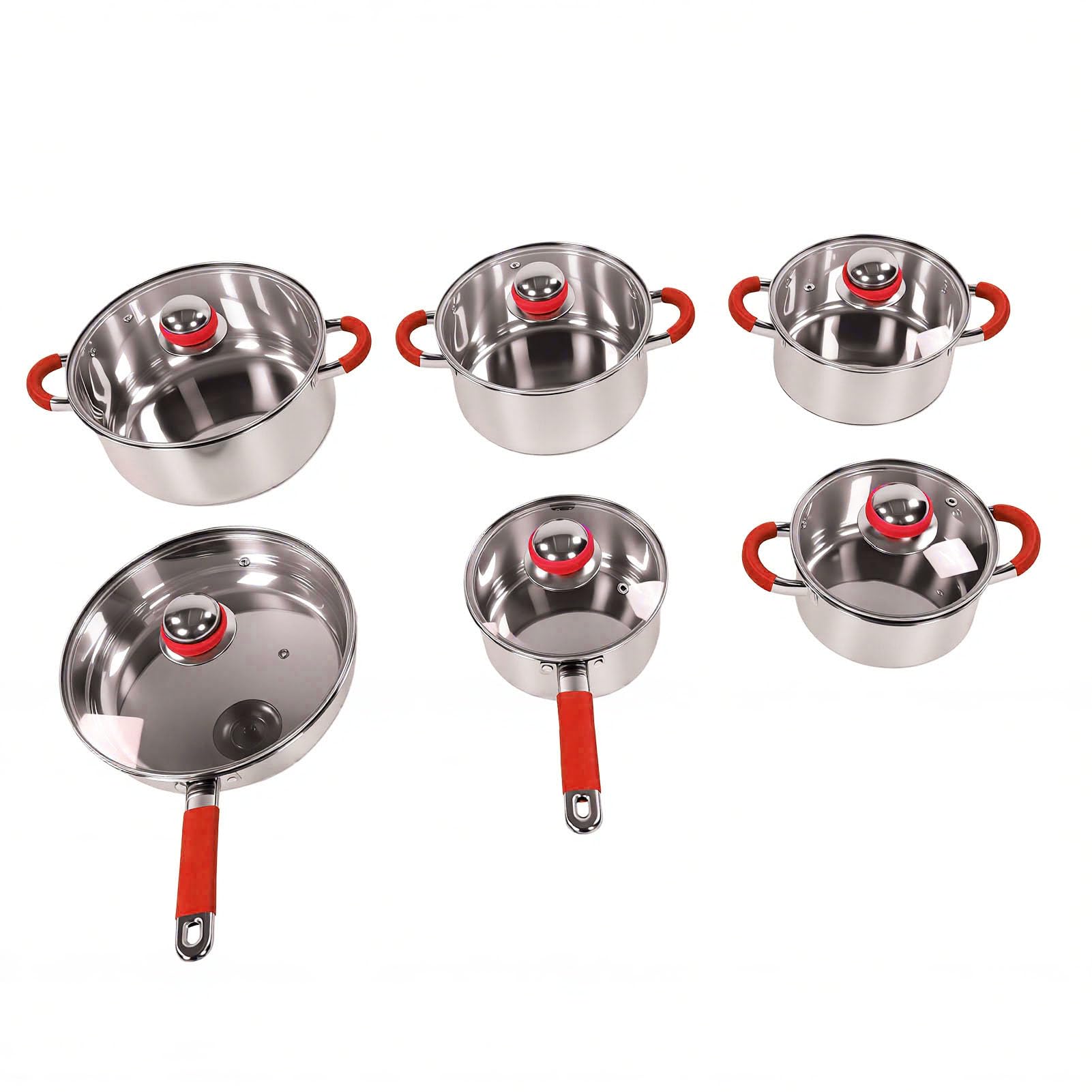 Ausla Juego de Utensilios de Cocina de Acero Inoxidable de 6 Piezas, Ollas y Sartenes con Base de Triple Capa y Tapas de Vidrio, Compatibles con Todas las Estufas, Utensilios de Cocina para Cocción