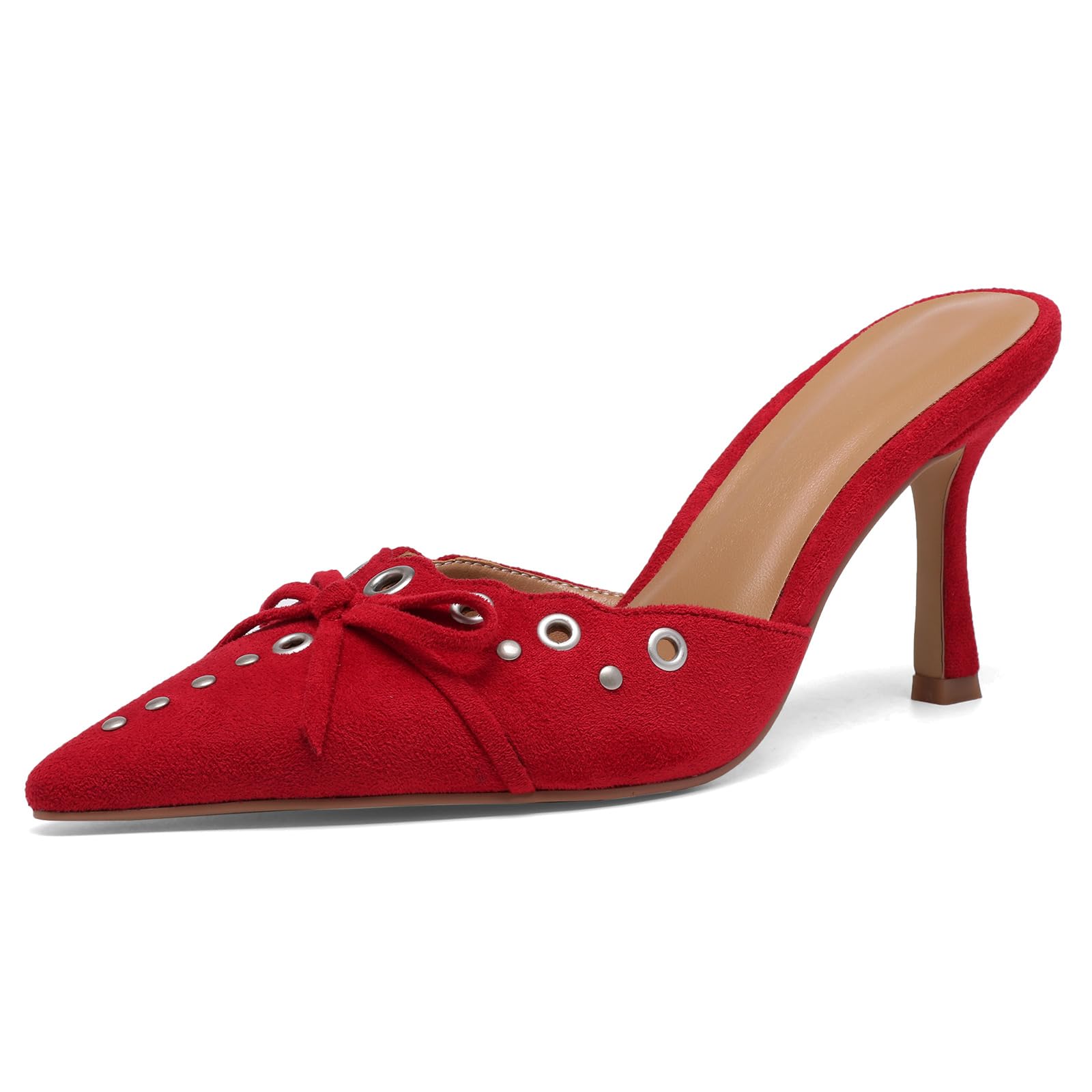 Studded Heeled Mules for Women Suede Slip On Bow Tie Pumps Shoes Backless Stiletto Heels Pointed Toe Dress Slide Sandals 10 Red