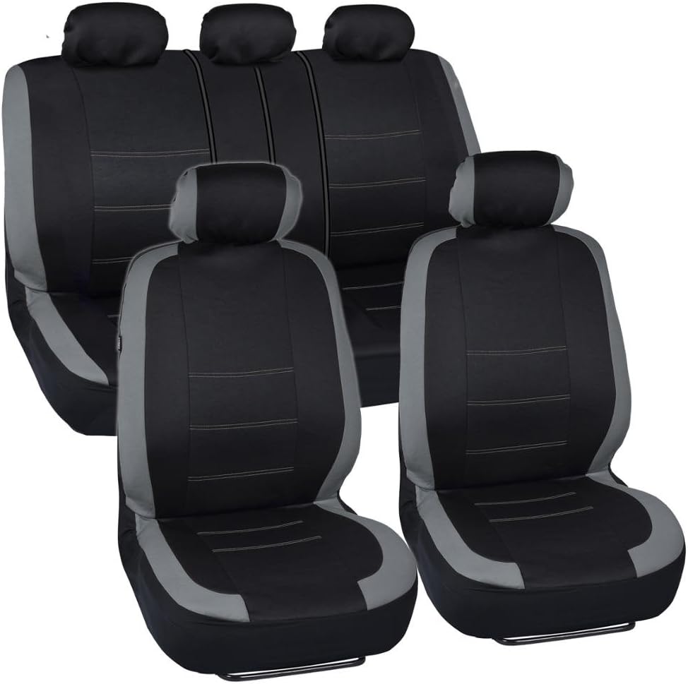 BDK Venice Series Car Seat Covers for Auto - Gray Stripes on Flat Black Cloth - Split Bench Function, Original Cover Protection