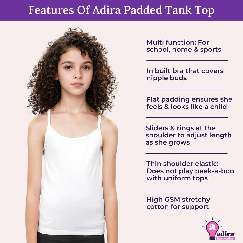 ADIRA | Padded Cotton Camisole | Beginners Cami for Puberty | Flat Padding for Nipple Coverage | Confidence for School & Home | Stretchy Cotton | Girls Slip | Pack of 3 | White & Grey | L 2