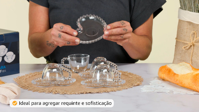WOLFF - Conjunto 4 Xícaras de Café de Cristal com Pires Coração