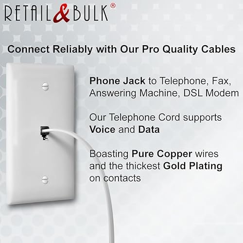 Miniatura 8 de Paquete de 2 cables telefónicos de 3 pulgadas, grado profesional, fabricado en Estados Unidos, enchufes RJ11 macho 6P4C con contactos dorados de 50