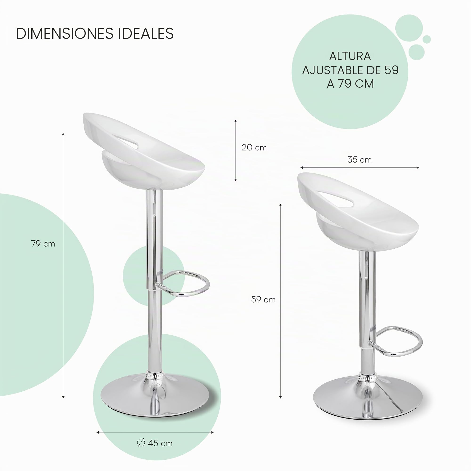 Baroni Home Taburete Giratorio de Altura Ajustable, Asiento de Plástico y Espiga, Base Cromada, Reposapiés y Fondo Antiarañazos, Taburete de Cocina y Península, 37x45x59-79 cm, Blanco, 1 Pieza