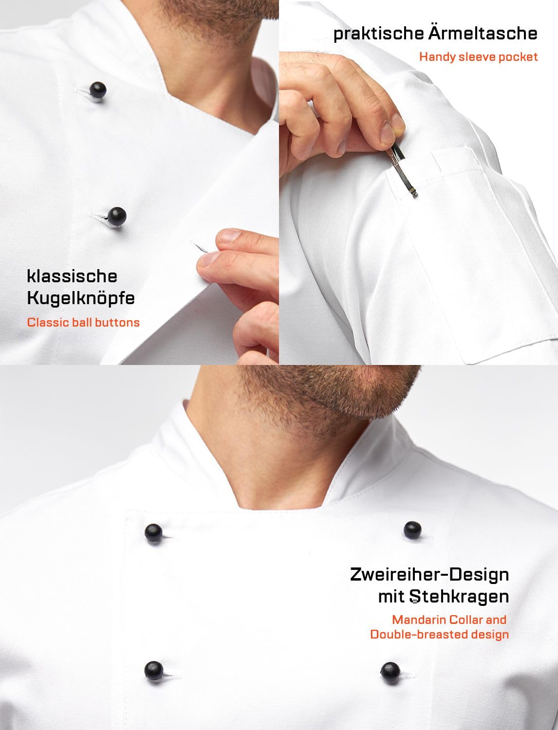strongAnt Kochjacke Herren Langarm easyMove mit Stretch Rücken inkl. Kugelknöpfe/Druckknöpfe Slim Fit