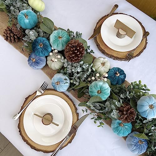 Image of Winlyn 12 Pcs Assorted Small Faux Velvet Pumpkins Decorative Teal Blue Green Turquoise Fabric Foam Pumpkins 3 inch for Farmhouse Fall Wedding Halloween Thanksgiving Table Centerpiece Mantel Decor