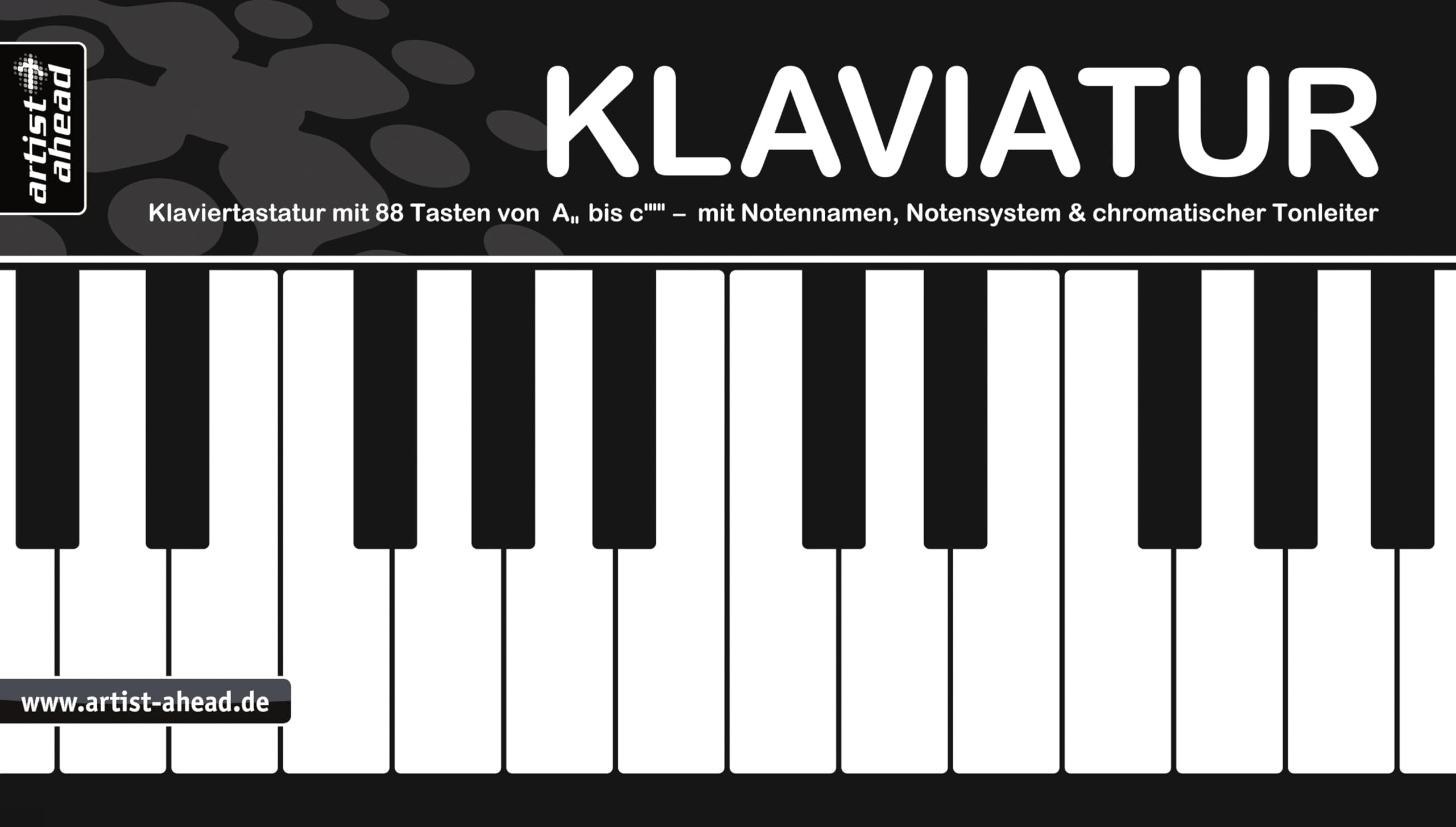 Klaviatur: Ausklappbare Klaviertastatur mit 88 Tasten von A'' bis c''''', mit Notennamen, Notensystem und chromatischer Tonleiter (360g-Kartonpapier).
