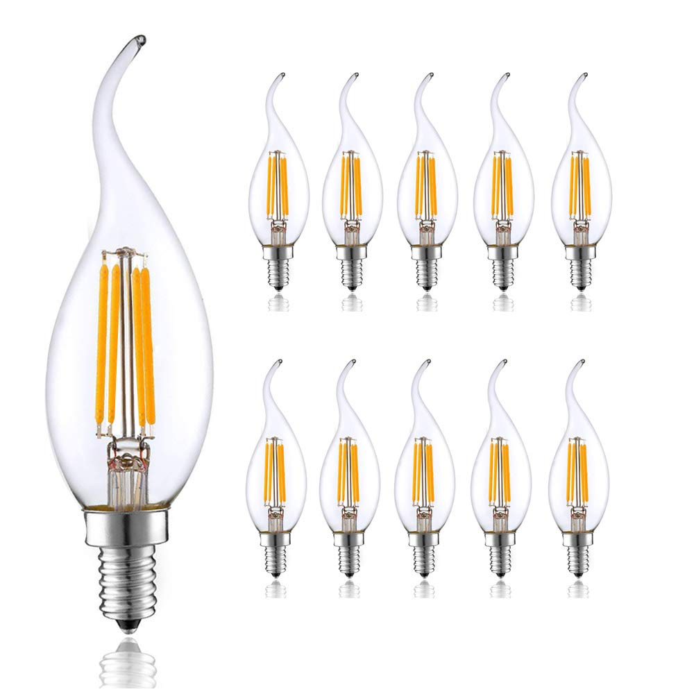 Chao Zan 4W Led Filament Candle Light Bulb, 2700-3000K Warm White 400Lm, E14 Edison Base Lamp Bulb, C35 Flame Shape, 40W Incandescent Equivalent,10 Pack