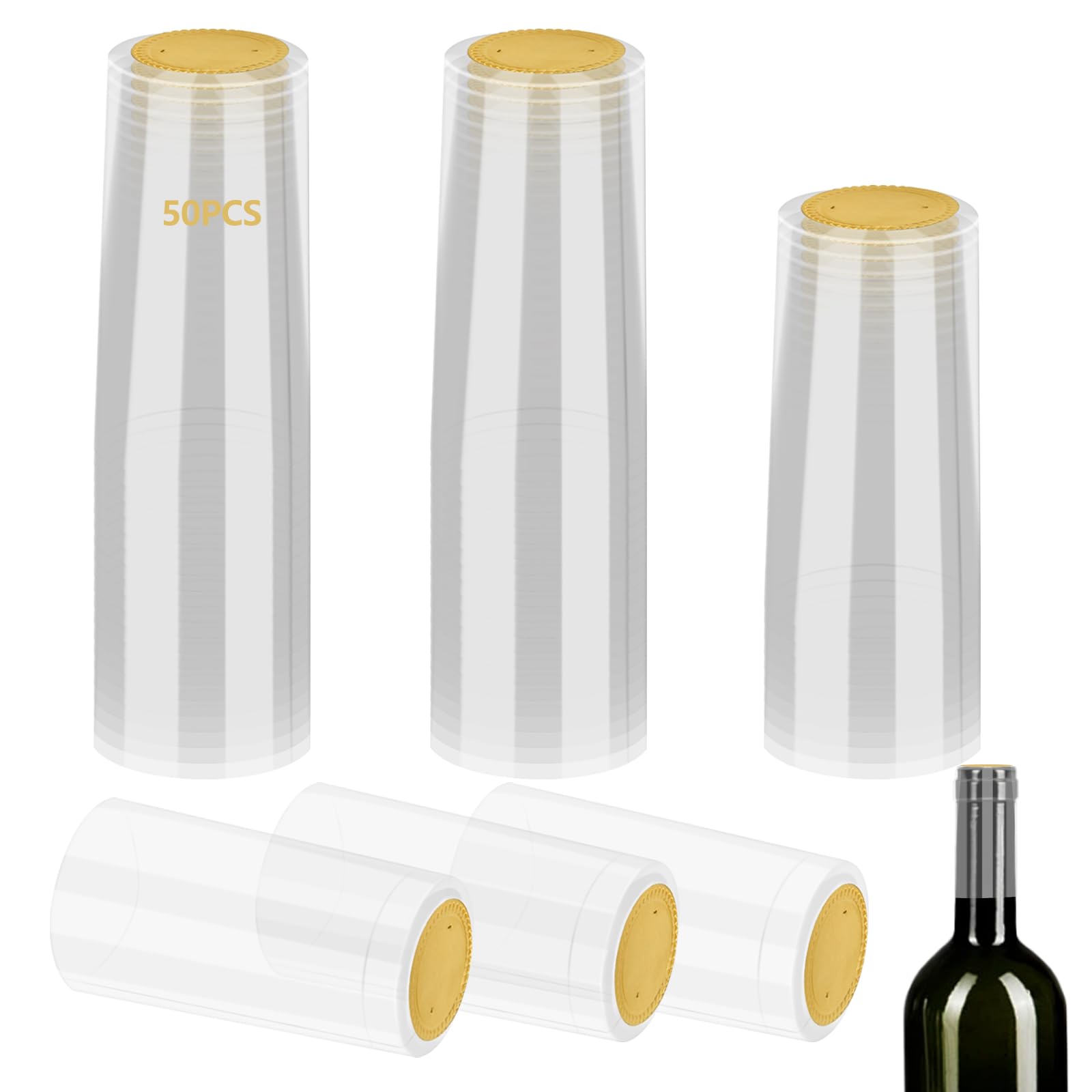 50Pieces PVC Heat Shrink Cap with Tear Tab for Wine Bottle, 30x60mm Wine Shrink Wrap Seals Sleeves Caps Shrink Top Cover for Wine Cellars Home Kitchen Use (Clear)