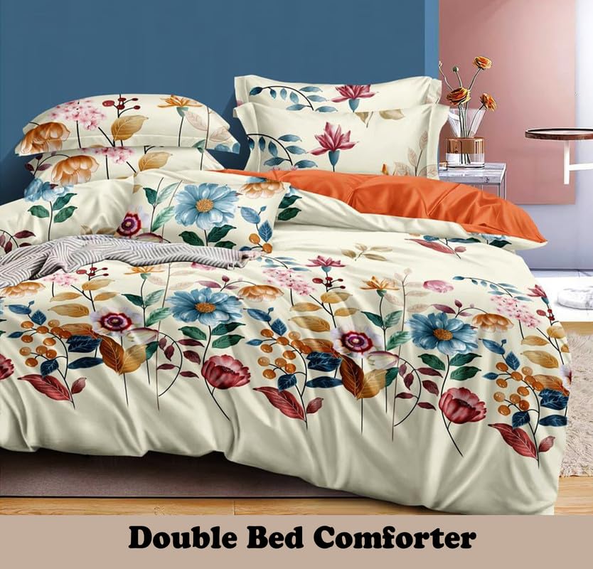 Image of Polycotton Polyester Polyfill 120 GSM Reversible Double Bed Comforter, Blanket, Queen (90x100 inch) Multi & Cream