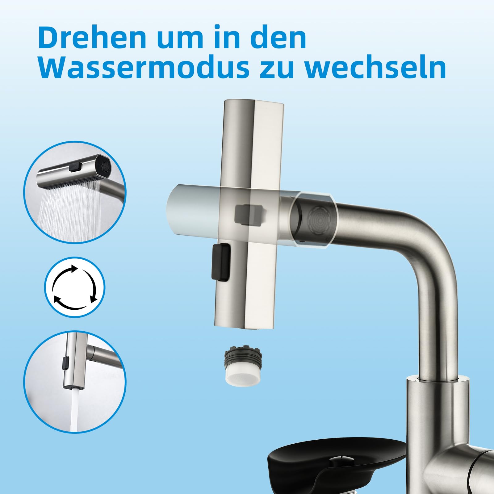 Küchenarmatur Wasserhahn Küche Glasspüler, Ausziehbar 3 Strahlarten | Spültischarmatur Küche Mynaiad mit Glasspüler, 3 Auslauf-Modi, 360°-Drehung, Schwarz 304 Edelstahl, für Küche, Bad und Bar