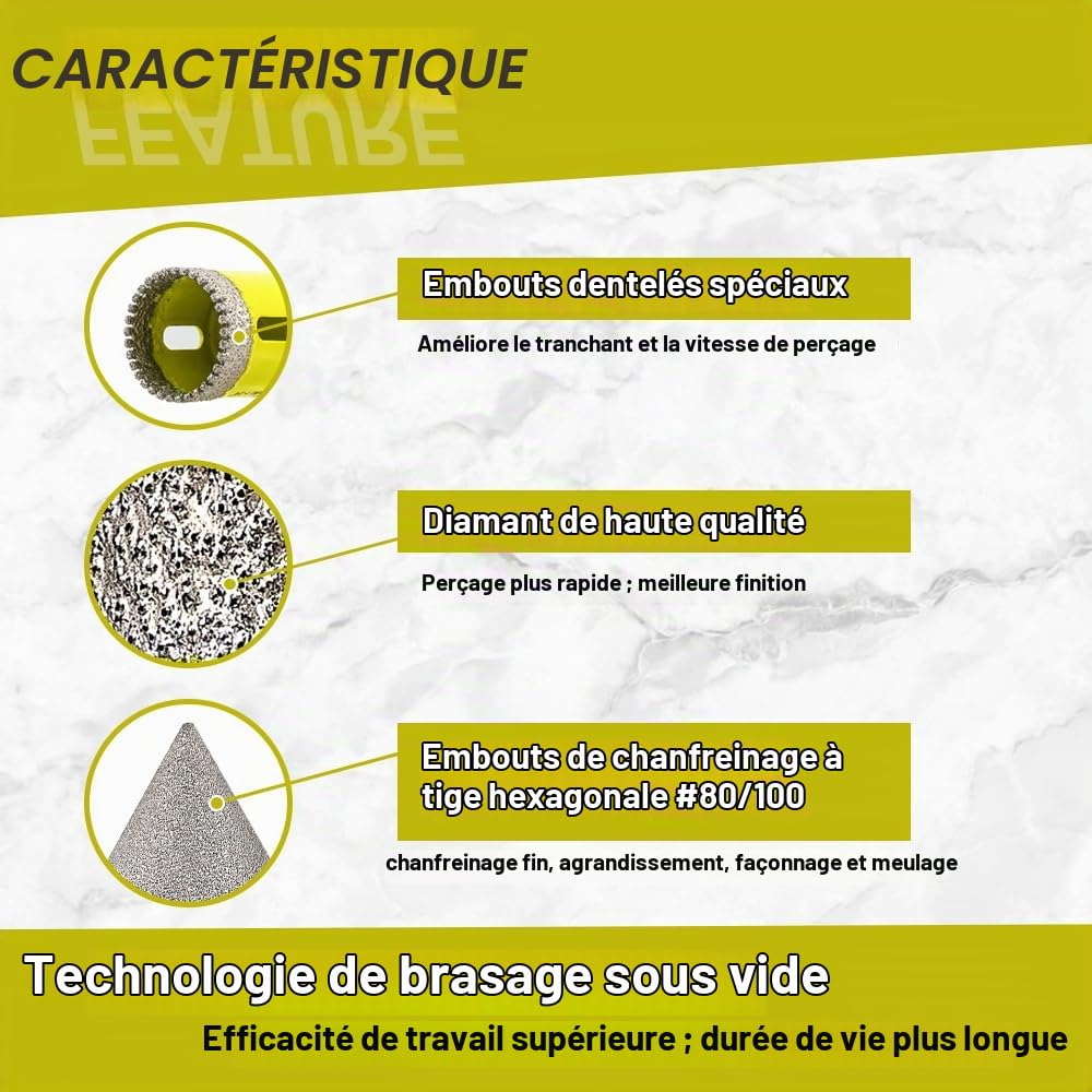 Foret Diamant Carrelage Kit - 11pcs 6/8/10/20/25/28/32/35/45/65mm+50mm Mèches Chanfrein Dentelé Scie Cloche avec Tige Triangulaire pour Carrelage Céramique Porcelaine Marbre Granit