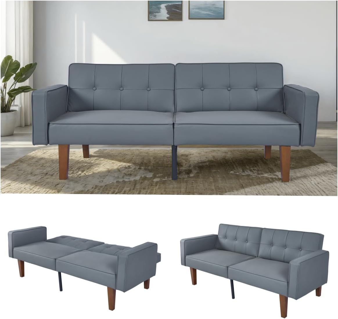 Adjustable Convertible PU Leather 2-Seat Futon Sofa Grey for Living Room/Home Office