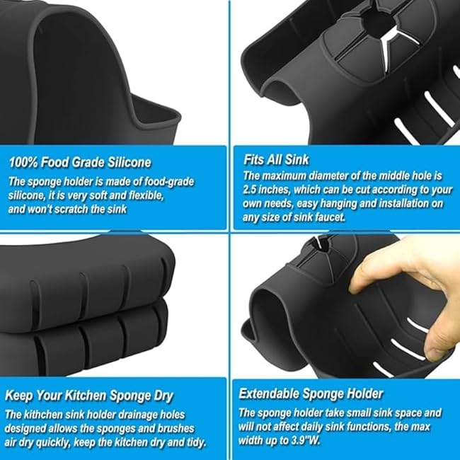 1Pc Sponge Holder for Kitchen Sink, Silicone Sink Saddle Caddy Organizer Rack, Sponges Holder Over Faucet, Hanging Kitchen Sink Organizer Accessories Rack Basket-Black