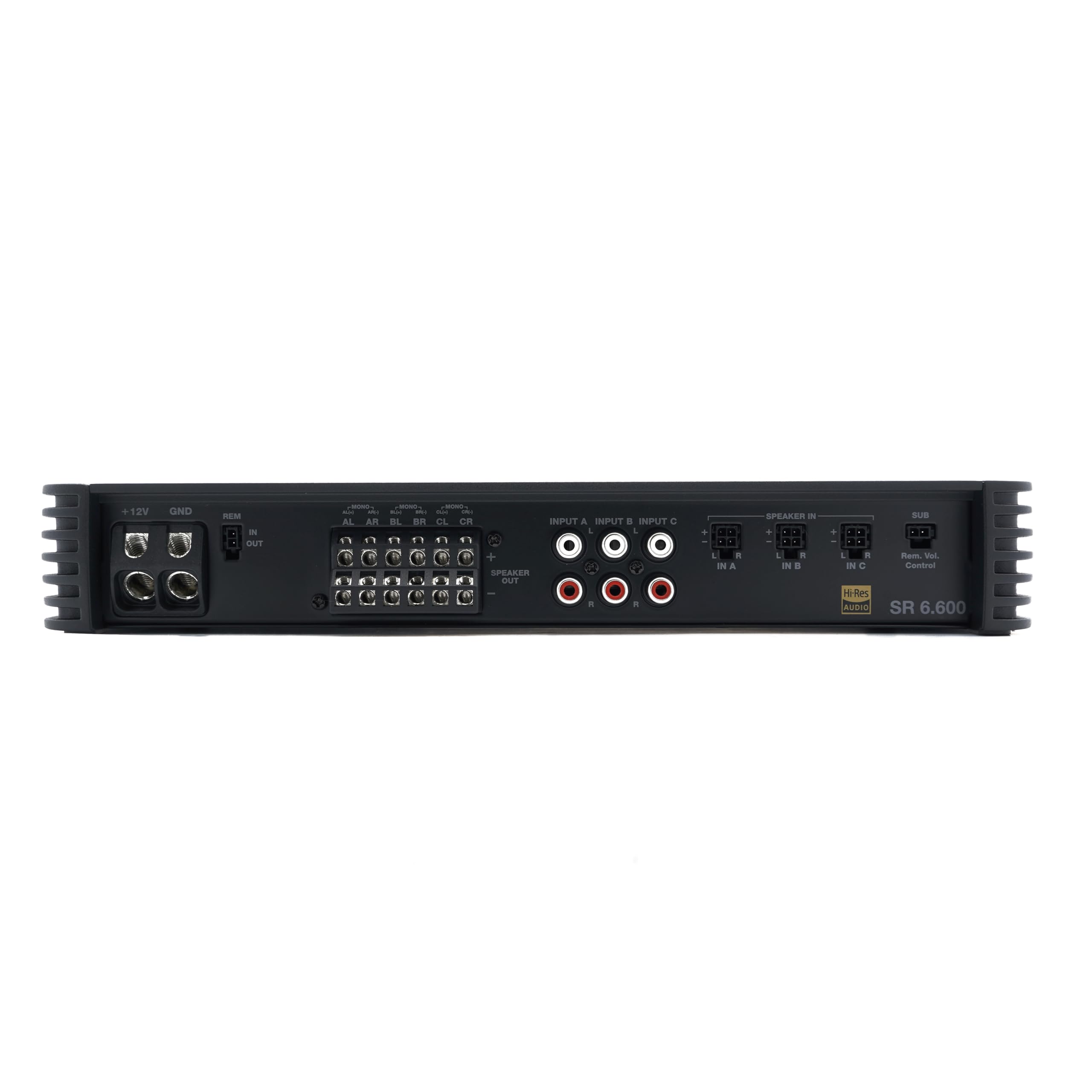 Audison SR 6.600 - Amplificatore a 6 canali in Classe D per auto, configurazione 4x140W + 2x185W su 2 ohm, ideale per sistemi attivi multivia ad alta efficienza