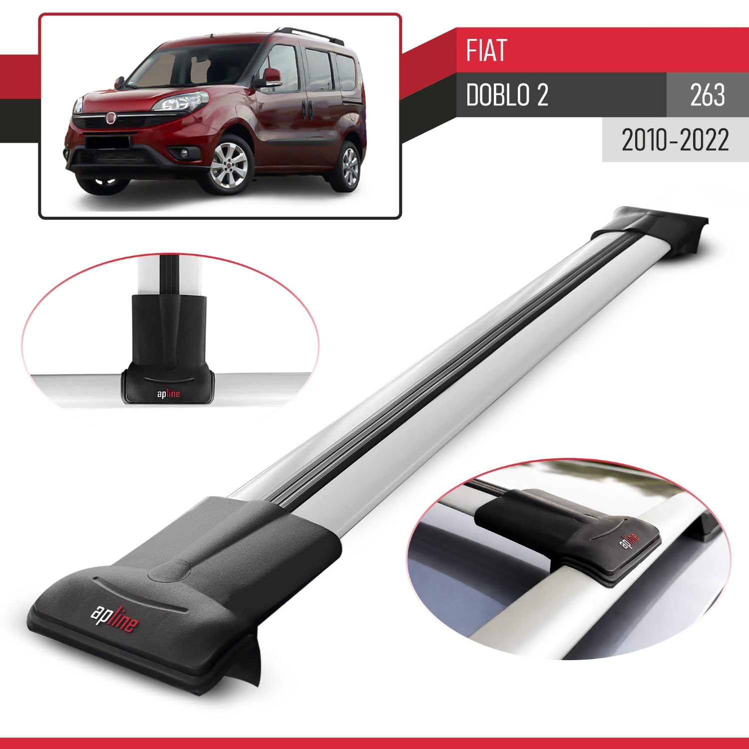 Compatible avec Fiat Doblo 2 (263) 2010-2022 Fly Modèle Barres de Toit Railing Porte-Bagages de Voiture Aluminium Gris 3 Barres