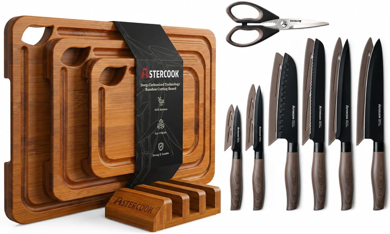 Astercook Deep-Carbonized Bamboo Cutting Boards and 13-Piece Kitchen Knives Set