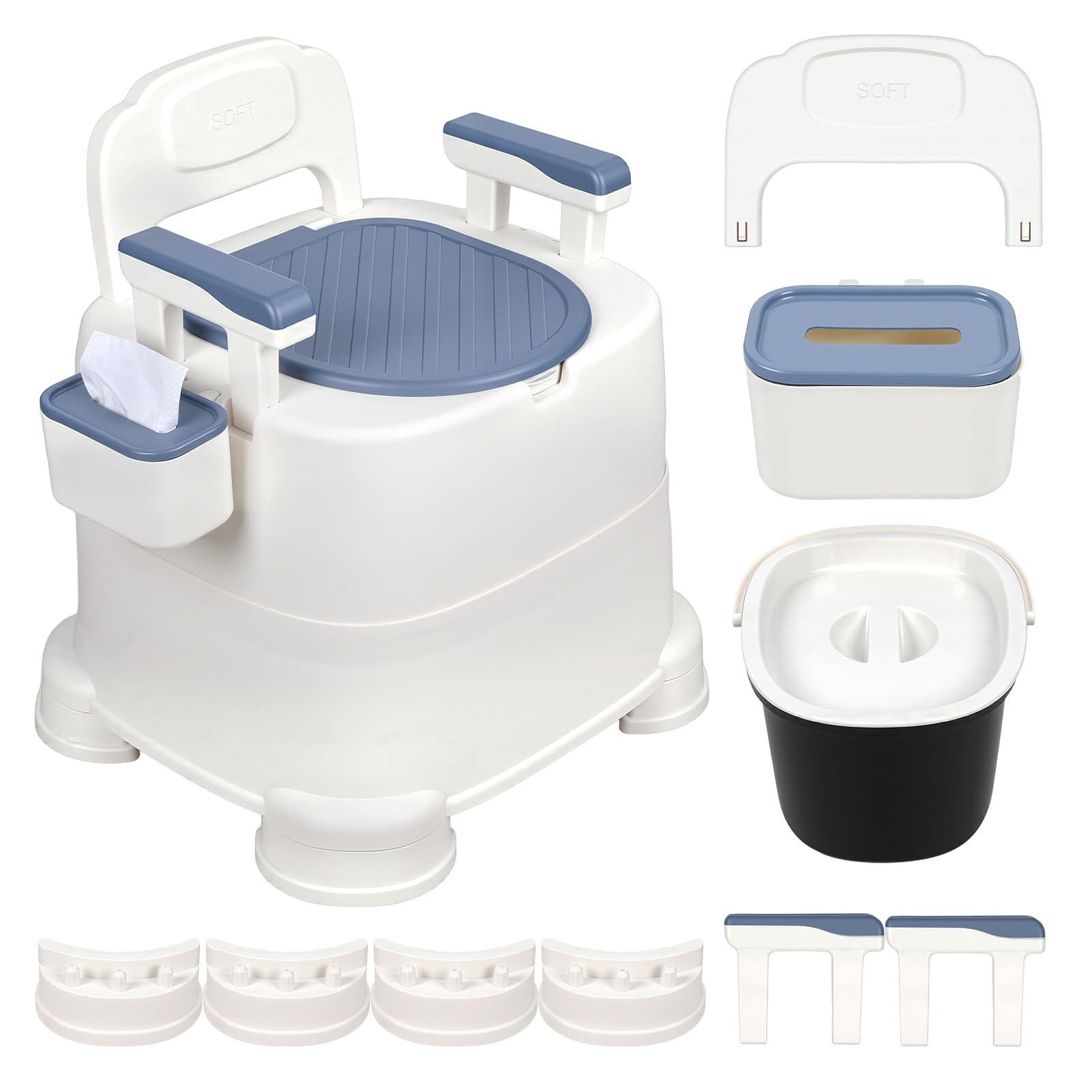 Portable Commode Chair with Removable Armrest, Bucket & Paper Holder