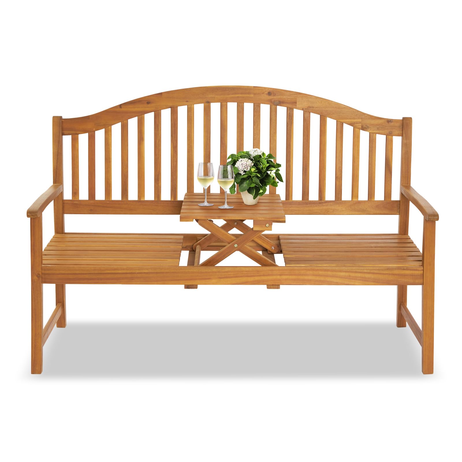 Outdoor Wooden Garden Bench, Patio Furniture Acacia Wood Outdoor Loveseat with Built-in Table, Weather Proof 2-Person Outdoor Chair for Park, Porch, Pool, Backyard