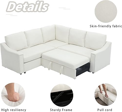 Miniatura 6 de Sofá moderno en forma de L con sofá cama extraíble, juego de sofá esquinero de tela de felpilla con diseño de remaches, sofá cama, asiento esquinero