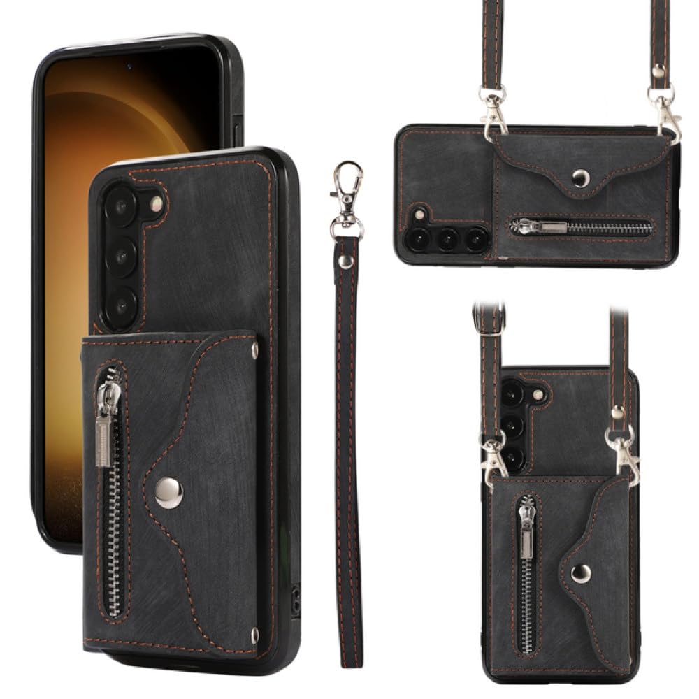 Funda Solt para Tarjetas de Cuero con Cartera con Cremallera y Cordón Largo para Samsung Galaxy A14 A54 A24 A34 A53 A52 S23 S22 S21 FE S20 Funda Cruzada, Negra, para Samsung S22Ultra