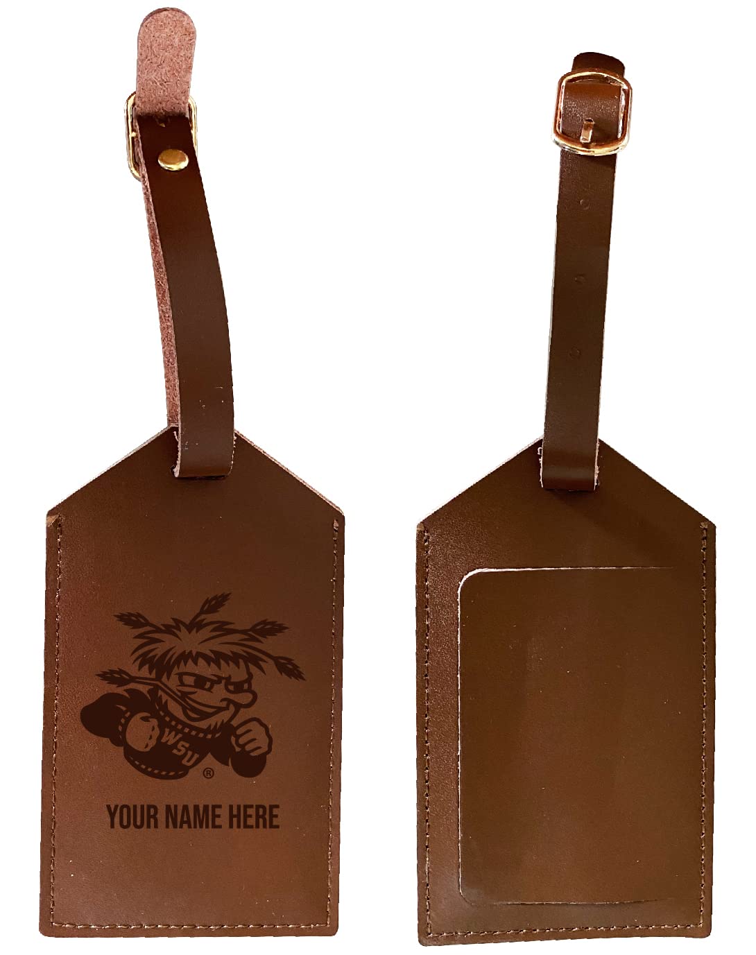 Etiqueta de equipaje de piel grabada con nombre personalizado y con licencia oficial de Wichita State Shockers