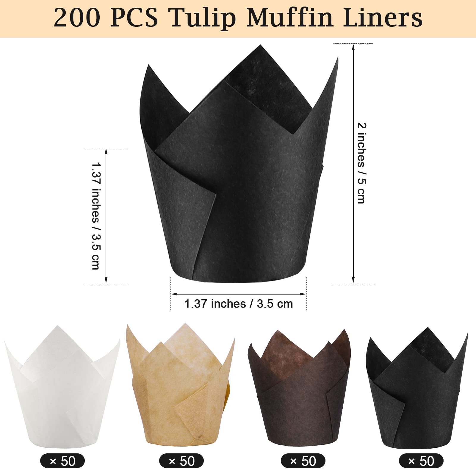 Ruisita 200 Pieces Mini Tulip Baking Cups Greaseproof Cupcake Muffin Liners Muffin Cases Wrappers for Birthday, Baby Shower,Brown,White,Natural,Black