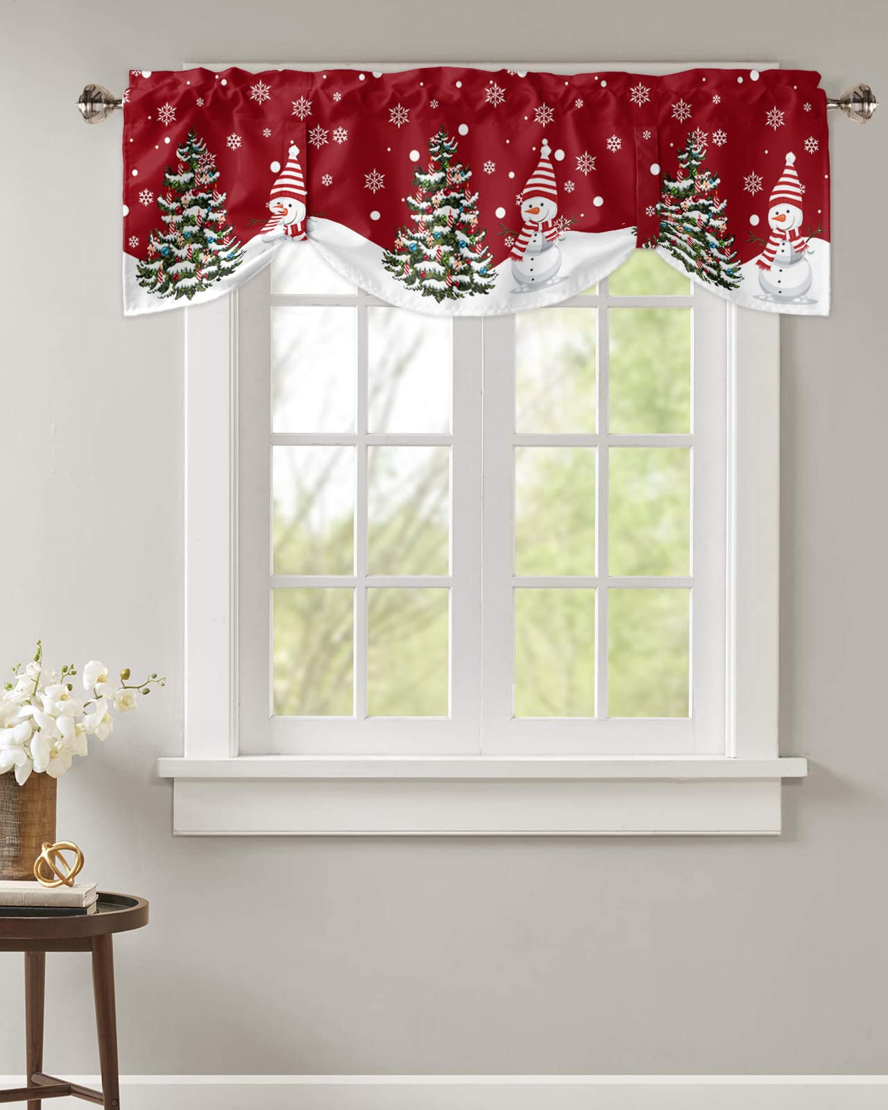 Christmas Snowman Tie Up Valance Curtains for Living Room Kitchen Valances for Windows Xmas Tree Snow Red Rod Pocket Window Valances for Bedroom 42