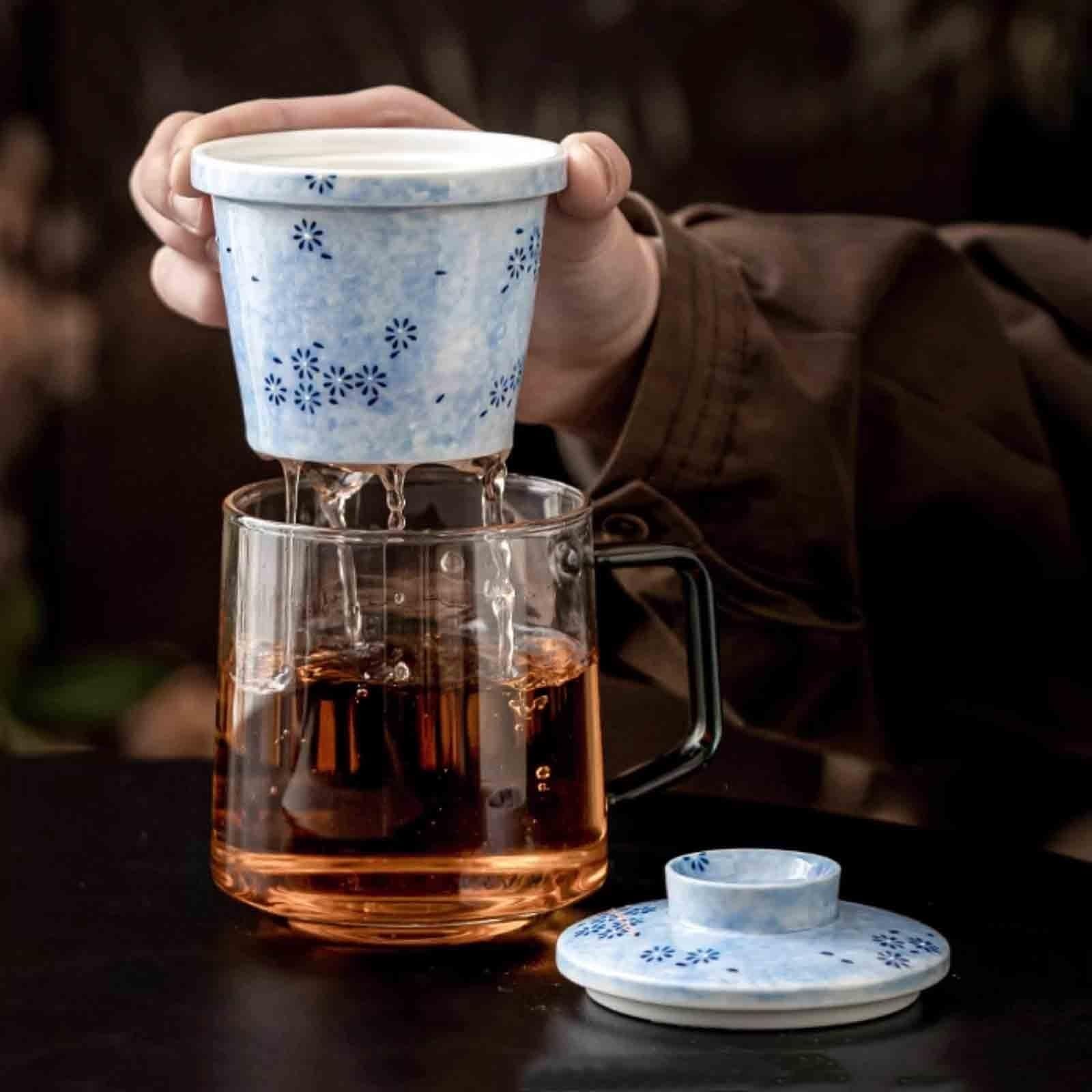 Teetasse aus Glas mit Keramik-Teesieb und Deckel, 445 ml (15,7 oz) Borosilikatglas-Teebecher mit Henkel for losen Tee