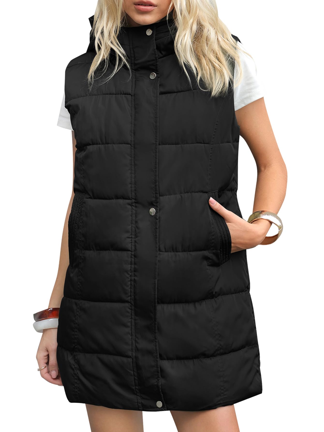 Gihuo Womens Long Puffer Vest Winter Quilted Hooded Sleeveless Zip Up Long Jacket Vest Gilet