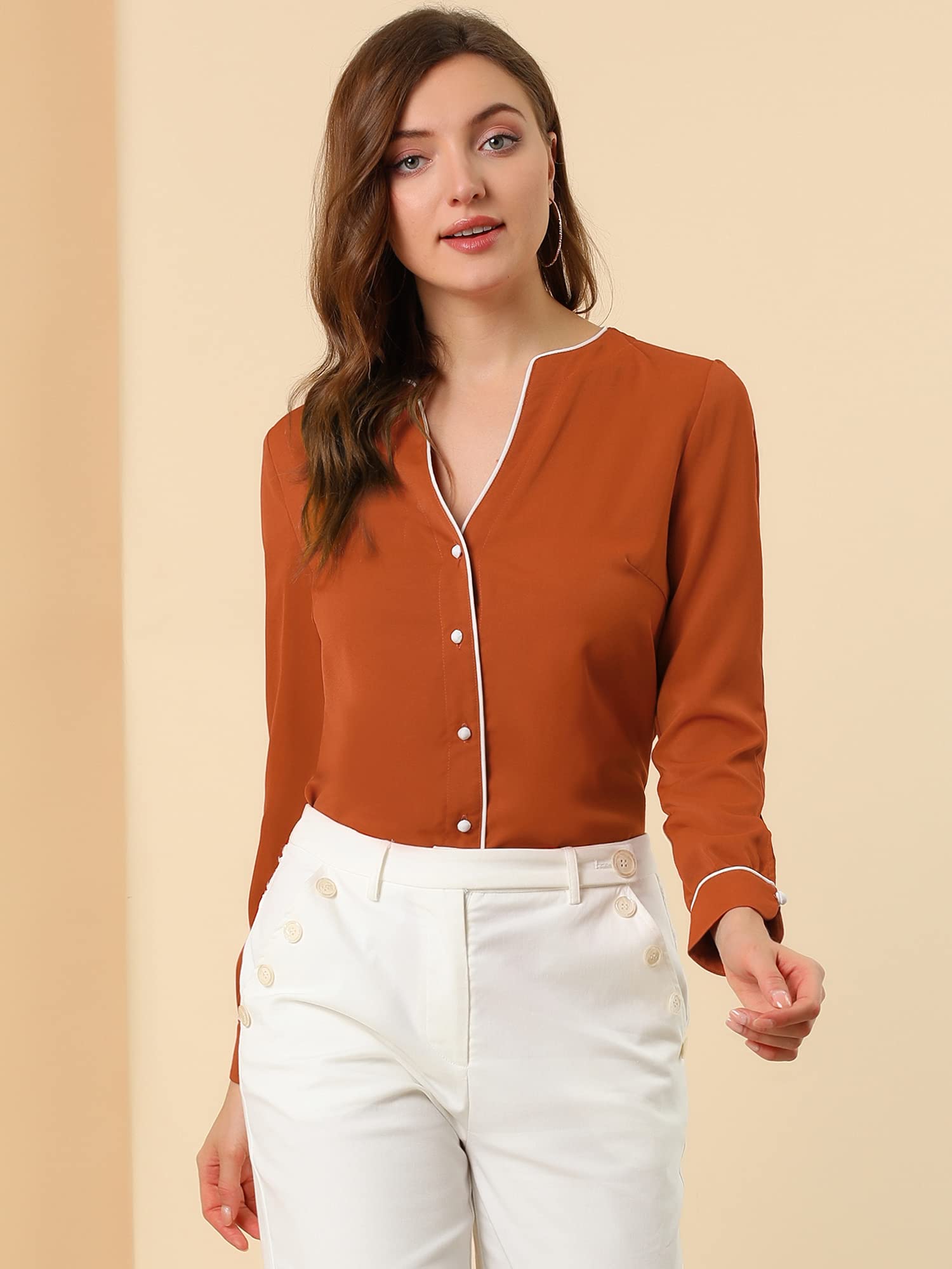 Allegra K Femme Blouse Col V Contrast Piped Manches Longues Boutonnée | Boutonnée devant Galon Contrasté Tissu Texturé Non Doublée Style Facile avec Jean ou Tenue de Soirée