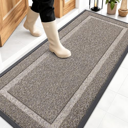 Image of OLANLY Front Door Mat Indoor Outdoor Entrance, Waterproof All-Season, All-Weather Doormat, Sturdy Natural Rubber, Low Profile, Easy Clean Patio Porch Entryway Mat, 71x47, Khaki and White
