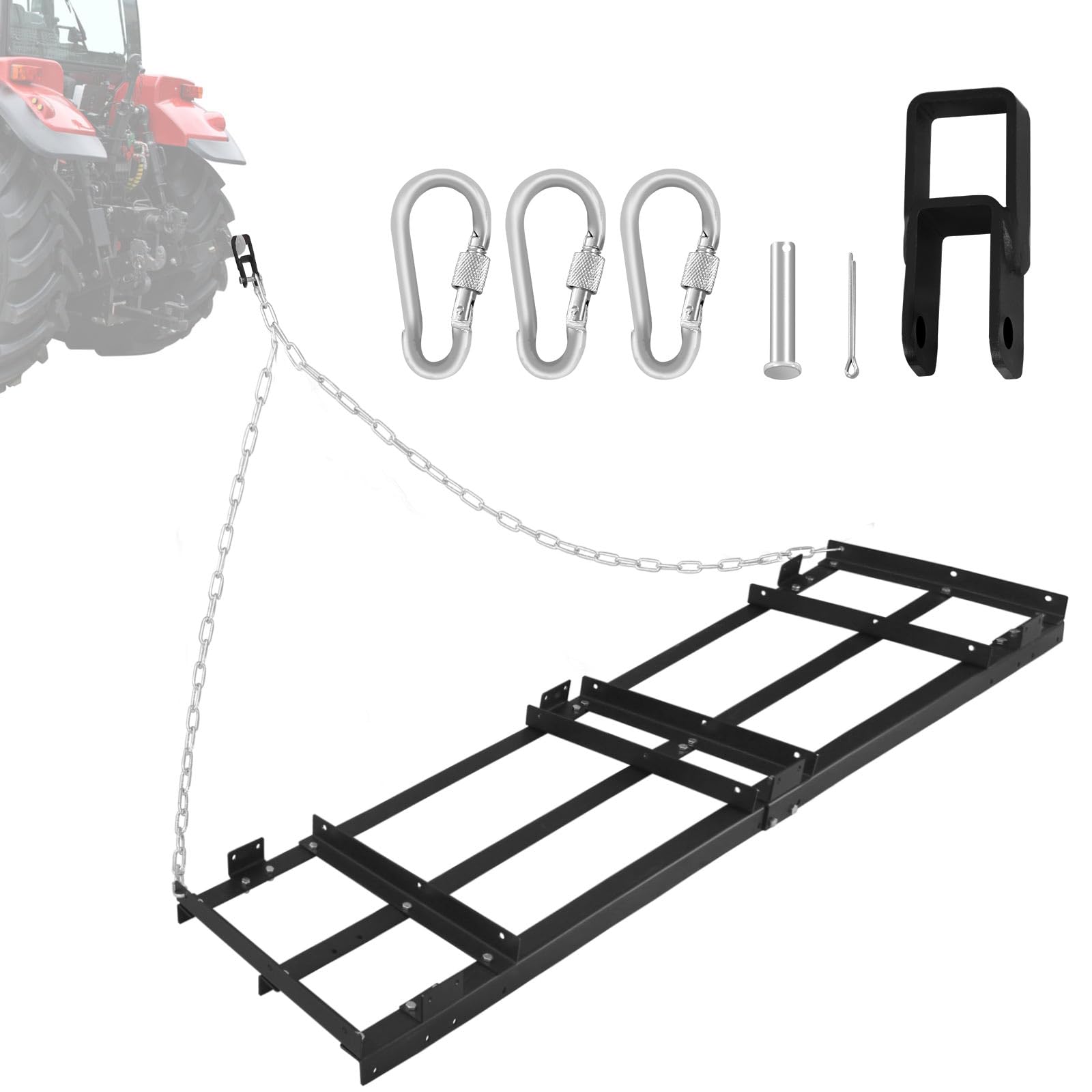 Remolque resistente detrás del rastrillo de césped y nivelador de tierra para grava, suelo y heno, compatible con ATV, UTV, tractor y cortacésped